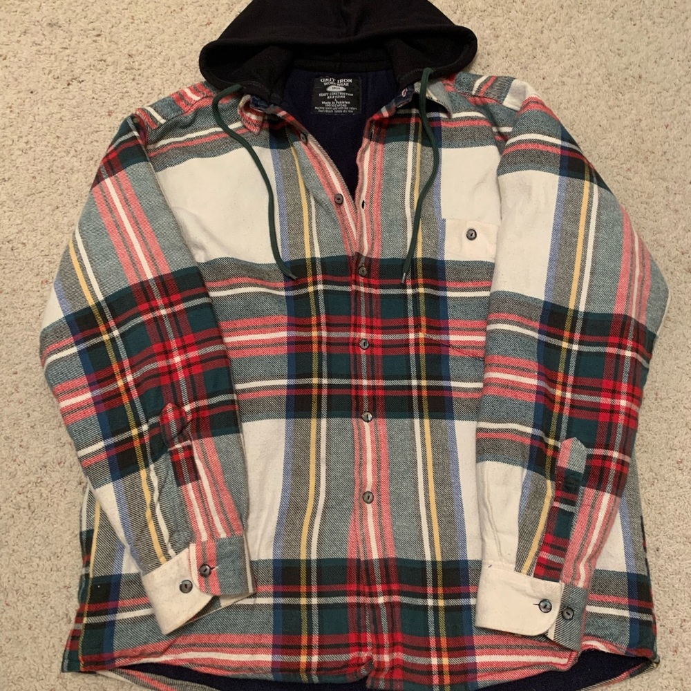 Insulated Plaid Button-up Jacket with Hood Grit Iron Work Wear Size Large